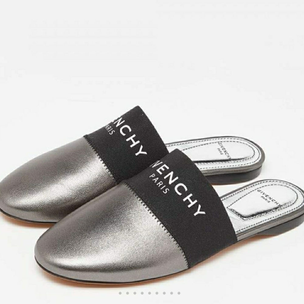 Givenchy Metallic Silver Pewter Leather and Slip-On Mule Shoes - Logo Black - Picture 2 of 7